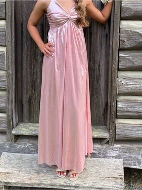 Lulus Pink Shimmery Maxi Dress with Twist Bodice Size Small